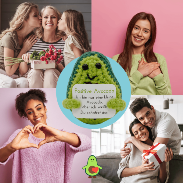 Pocked Hug Avocado als Motivator, Du schaffst das, gehäkelt, mit Grußkarten und edlem Leinenbeutel