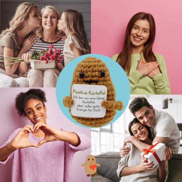 Pocked Hug Kartoffel als Motivator, positive Energie, gehäkelt, mit Grußkarten und edlem Leinenbeutel