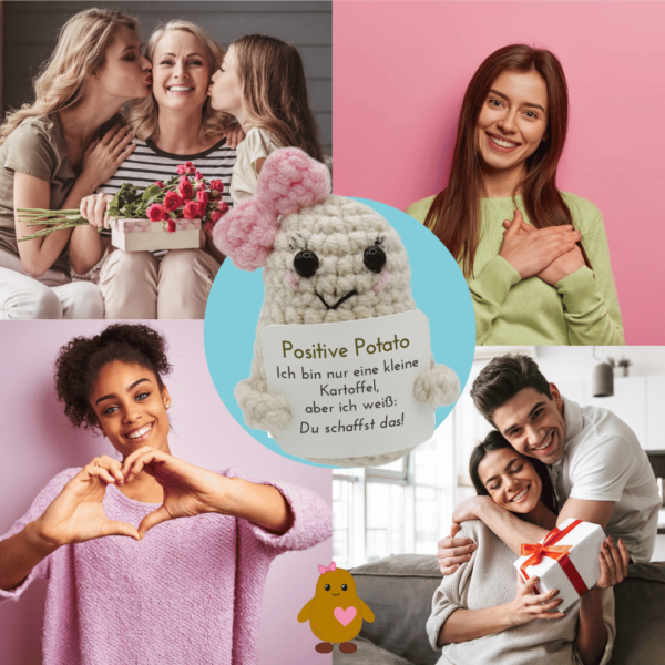 Pocked Hug Kartoffelmädchen als Motivator, Du schaffst das, gehäkelt, mit Grußkarten und edlem Leinenbeutel