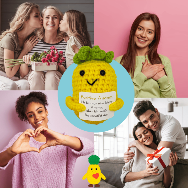 Pocked Hug Ananas als Motivator, gehäkelt, mit Grußkarten und edlem Leinenbeutel