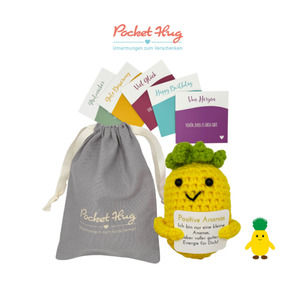 Pocked Hug Ananas als Motivator, positive Energie, gehäkelt, mit Grußkarten und edlem Leinenbeutel
