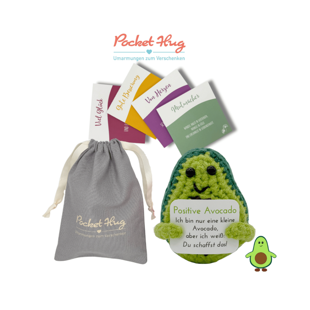 Pocked Hug Avocado als Motivator, Du schaffst das, gehäkelt, mit Grußkarten und edlem Leinenbeutel