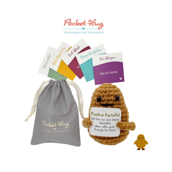 Pocked Hug Kartoffel als Motivator, positive Energie, gehäkelt, mit Grußkarten und edlem Leinenbeutel