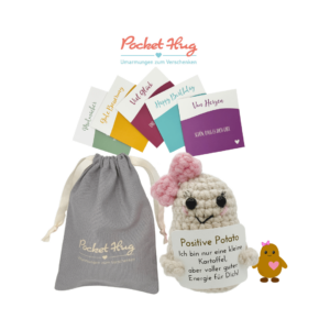Pocked Hug Avocado als Motivator, positive Energie, gehäkelt, mit Grußkarten und edlem Leinenbeutel