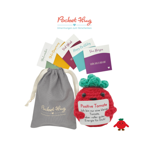 Pocked Hug Tomate als Motivator, positive Energie, gehäkelt, mit Grußkarten und edlem Leinenbeutel