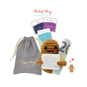 Pocked Hug Kartoffel mit Herz, gehäkelt, Geldgeschenk, mit Grußkarten und edlem Leinenbeutel