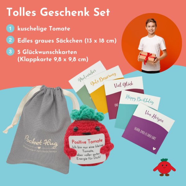 Pocked Hug Tomate als Motivator, positive Energie, gehäkelt, mit Grußkarten und edlem Leinenbeutel