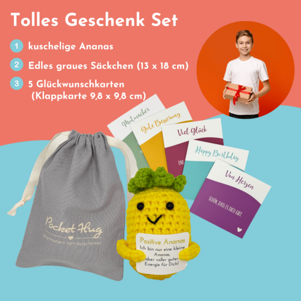 Pocked Hug Ananas als Motivator, positive Energie, gehäkelt, mit Grußkarten und edlem Leinenbeutel