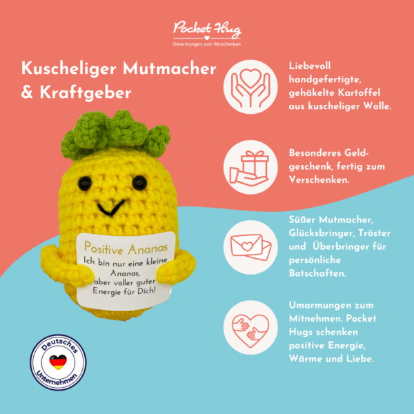 Pocked Hug Ananas als Motivator, positive Energie, gehäkelt, mit Grußkarten und edlem Leinenbeutel