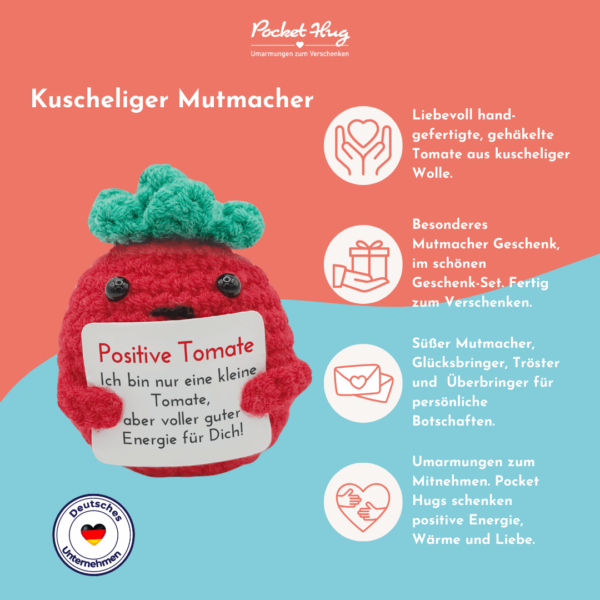 Pocked Hug Tomate als Motivator, positive Energie, gehäkelt, mit Grußkarten und edlem Leinenbeutel
