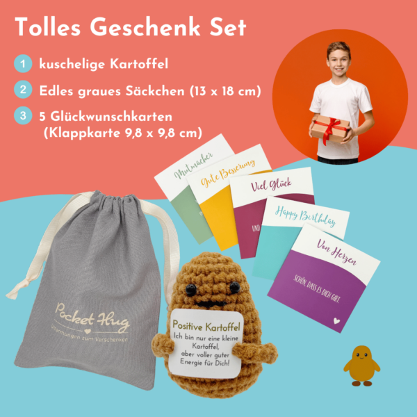Pocked Hug Kartoffel als Motivator, positive Energie, gehäkelt, mit Grußkarten und edlem Leinenbeutel