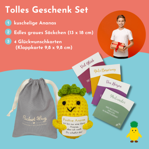Pocked Hug Ananas als Motivator, gehäkelt, mit Grußkarten und edlem Leinenbeutel