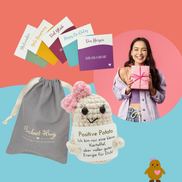 Pocked Hug Avocado als Motivator, positive Energie, gehäkelt, mit Grußkarten und edlem Leinenbeutel