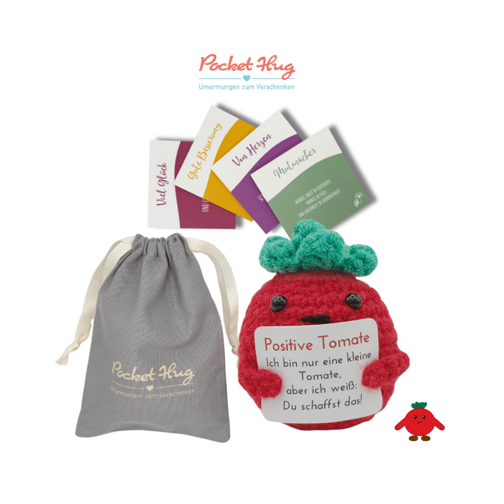 Pocked Hug Tomate als Motivator, Du schaffst das, gehäkelt, mit Grußkarten und edlem Leinenbeutel