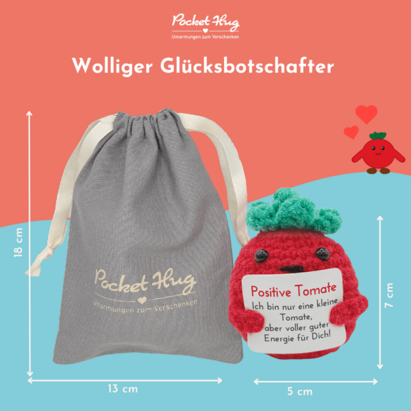 Pocked Hug Tomate als Motivator, positive Energie, gehäkelt, mit Grußkarten und edlem Leinenbeutel