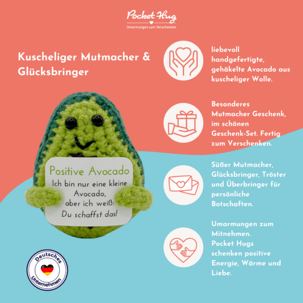 Pocked Hug Avocado als Motivator, Du schaffst das, gehäkelt, mit Grußkarten und edlem Leinenbeutel