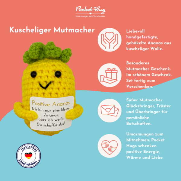 Pocked Hug Ananas als Motivator, gehäkelt, mit Grußkarten und edlem Leinenbeutel