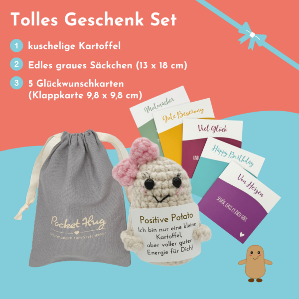 Pocked Hug Avocado als Motivator, positive Energie, gehäkelt, mit Grußkarten und edlem Leinenbeutel