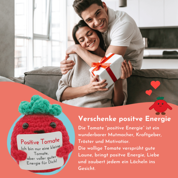 Pocked Hug Tomate als Motivator, positive Energie, gehäkelt, mit Grußkarten und edlem Leinenbeutel