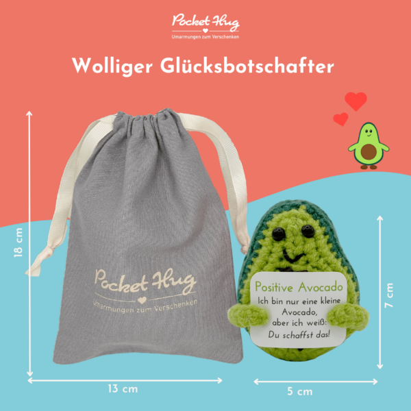 Pocked Hug Avocado als Motivator, Du schaffst das, gehäkelt, mit Grußkarten und edlem Leinenbeutel