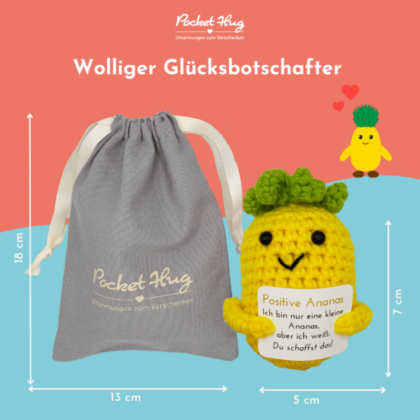 Pocked Hug Ananas als Motivator, gehäkelt, mit Grußkarten und edlem Leinenbeutel