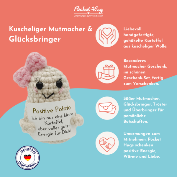 Pocked Hug Avocado als Motivator, positive Energie, gehäkelt, mit Grußkarten und edlem Leinenbeutel