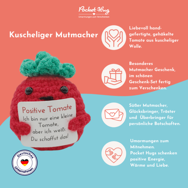 Pocked Hug Tomate als Motivator, Du schaffst das, gehäkelt, mit Grußkarten und edlem Leinenbeutel