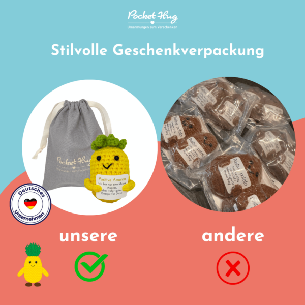 Pocked Hug Ananas als Motivator, positive Energie, gehäkelt, mit Grußkarten und edlem Leinenbeutel