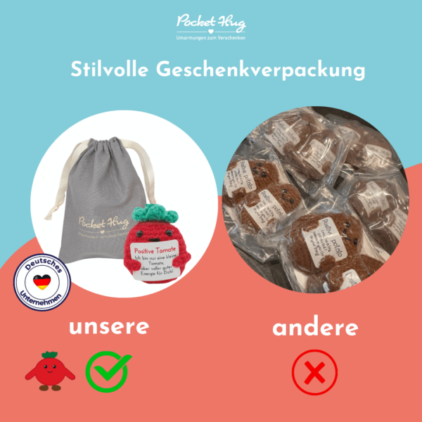 Pocked Hug Tomate als Motivator, positive Energie, gehäkelt, mit Grußkarten und edlem Leinenbeutel