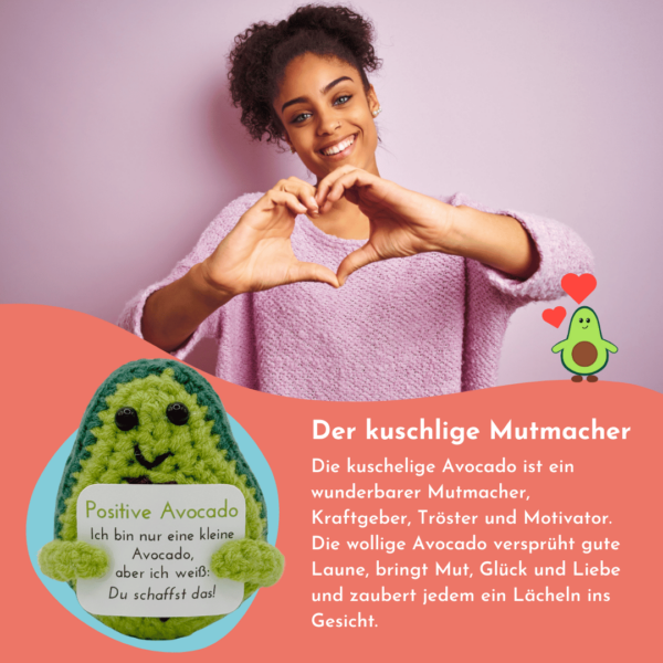 Pocked Hug Avocado als Motivator, Du schaffst das, gehäkelt, mit Grußkarten und edlem Leinenbeutel