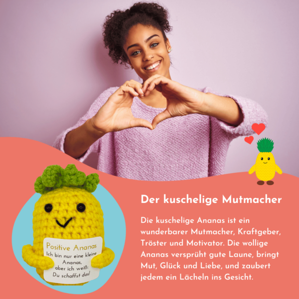 Pocked Hug Ananas als Motivator, gehäkelt, mit Grußkarten und edlem Leinenbeutel
