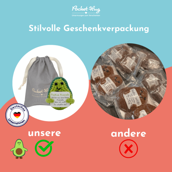Pocked Hug Avocado als Motivator, Du schaffst das, gehäkelt, mit Grußkarten und edlem Leinenbeutel