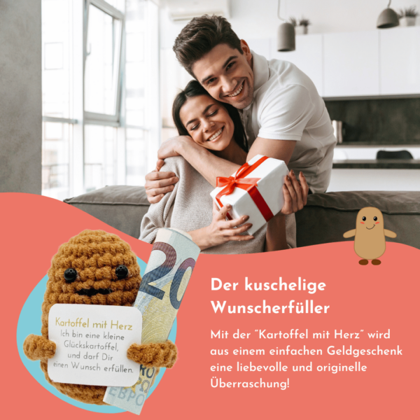 Pocked Hug Kartoffel mit Herz, gehäkelt, Geldgeschenk, mit Grußkarten und edlem Leinenbeutel