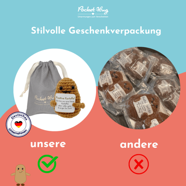 Pocked Hug Kartoffel als Motivator, positive Energie, gehäkelt, mit Grußkarten und edlem Leinenbeutel
