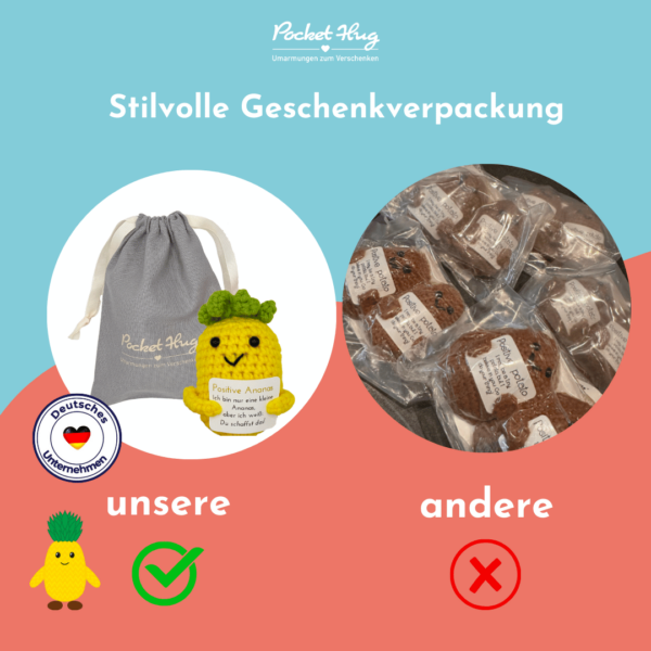 Pocked Hug Ananas als Motivator, gehäkelt, mit Grußkarten und edlem Leinenbeutel