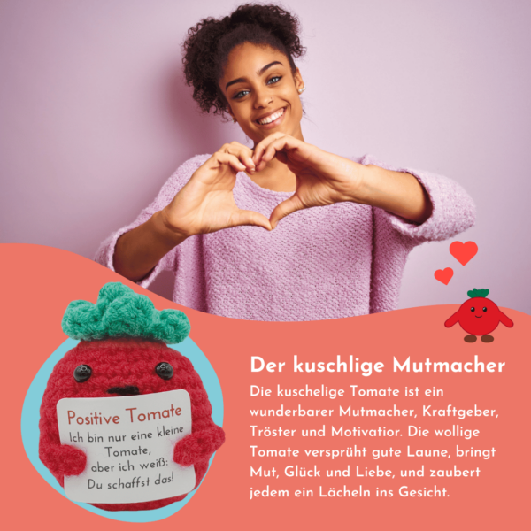 Pocked Hug Tomate als Motivator, Du schaffst das, gehäkelt, mit Grußkarten und edlem Leinenbeutel