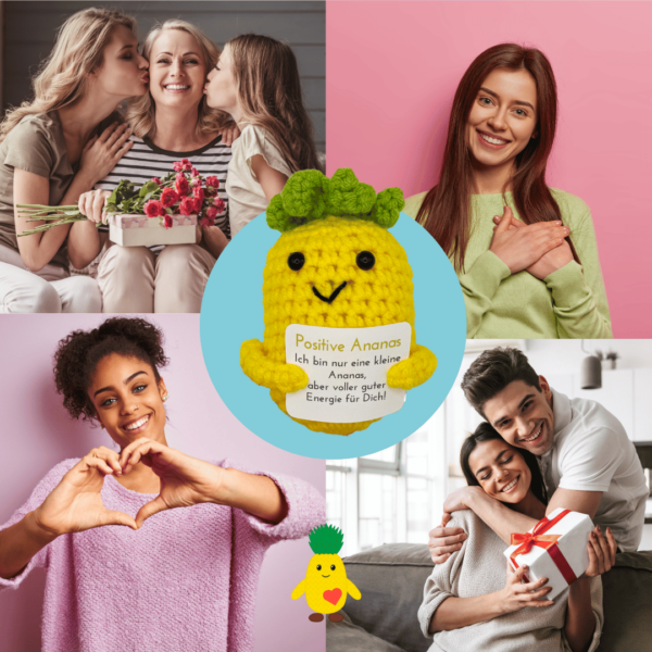 Pocked Hug Ananas als Motivator, positive Energie, gehäkelt, mit Grußkarten und edlem Leinenbeutel