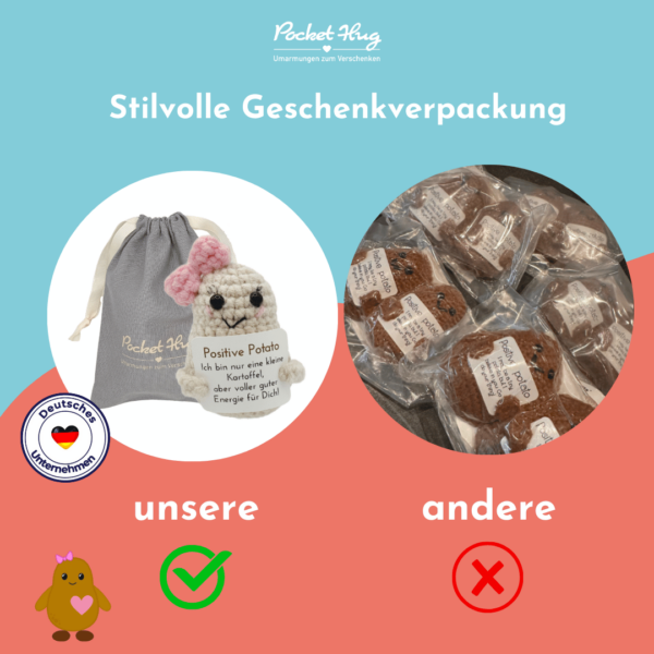 Pocked Hug Avocado als Motivator, positive Energie, gehäkelt, mit Grußkarten und edlem Leinenbeutel