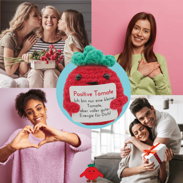 Pocked Hug Tomate als Motivator, positive Energie, gehäkelt, mit Grußkarten und edlem Leinenbeutel